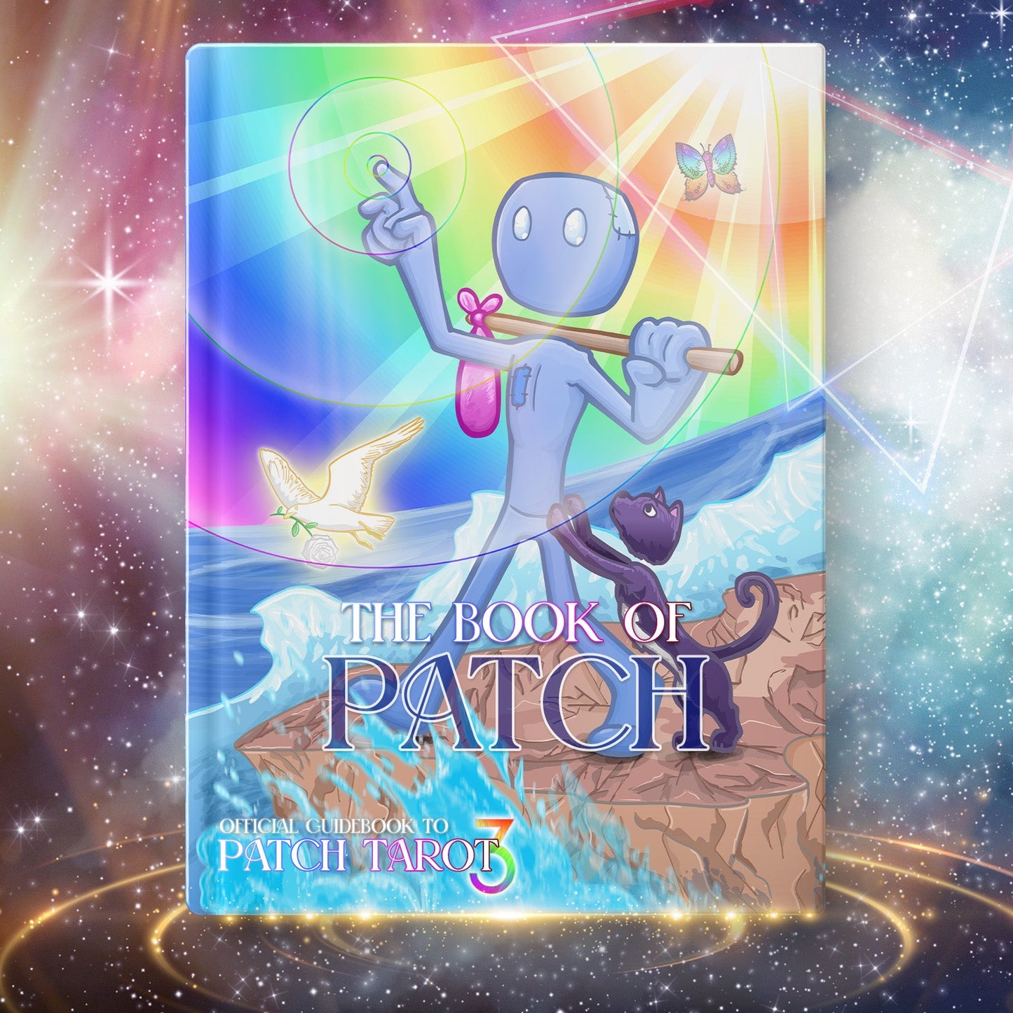 A colorful tarot card deck box cover titled 'The Book of Patch' featuring a blue cartoon figure, a black cat, and a rainbow background, set against a cosmic starry backdrop.
