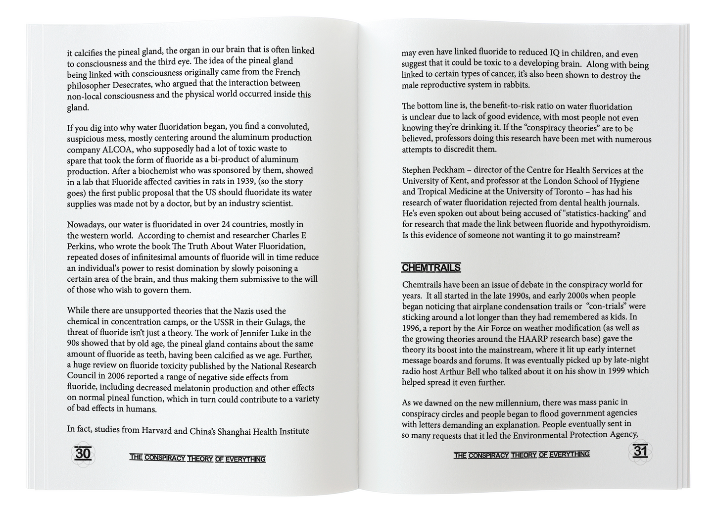 Open book spread from The Conspiracy Theory of Everything showing pages 30 and 31 discussing fluoride and chemtrails.