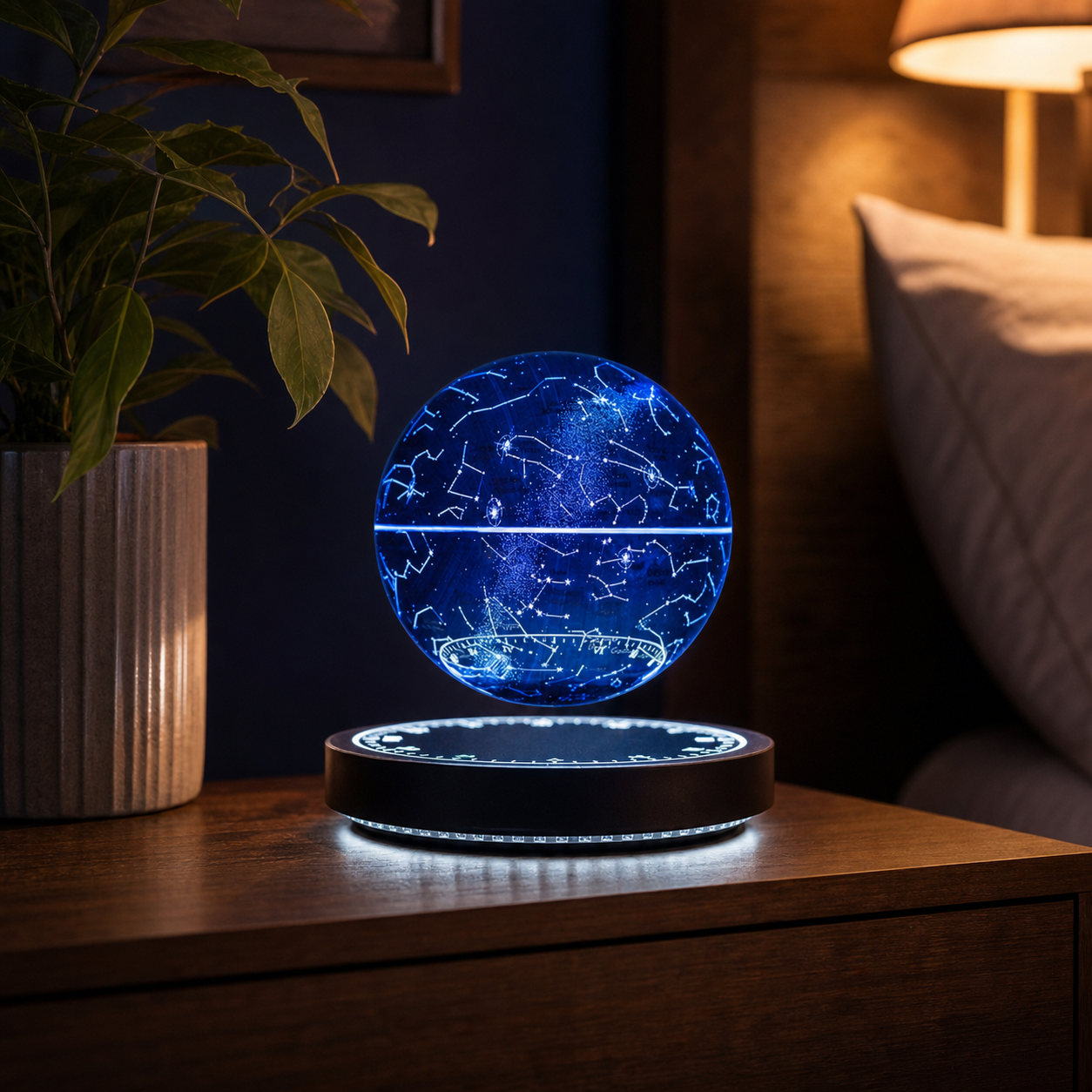 A glowing blue spherical crystal ball with constellation patterns floating above a circular LED base, placed on a wooden bedside table in a dimly lit bedroom next to a plant and lamp.