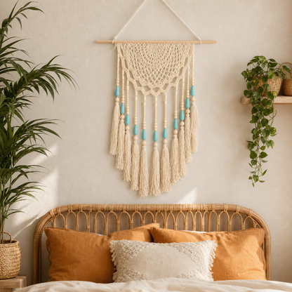 A bohemian-style macrame wall hanging with cream knots, turquoise accents, and long tassels, suspended from a wooden rod above a bed with orange and cream pillows in a warm, sunlit room.