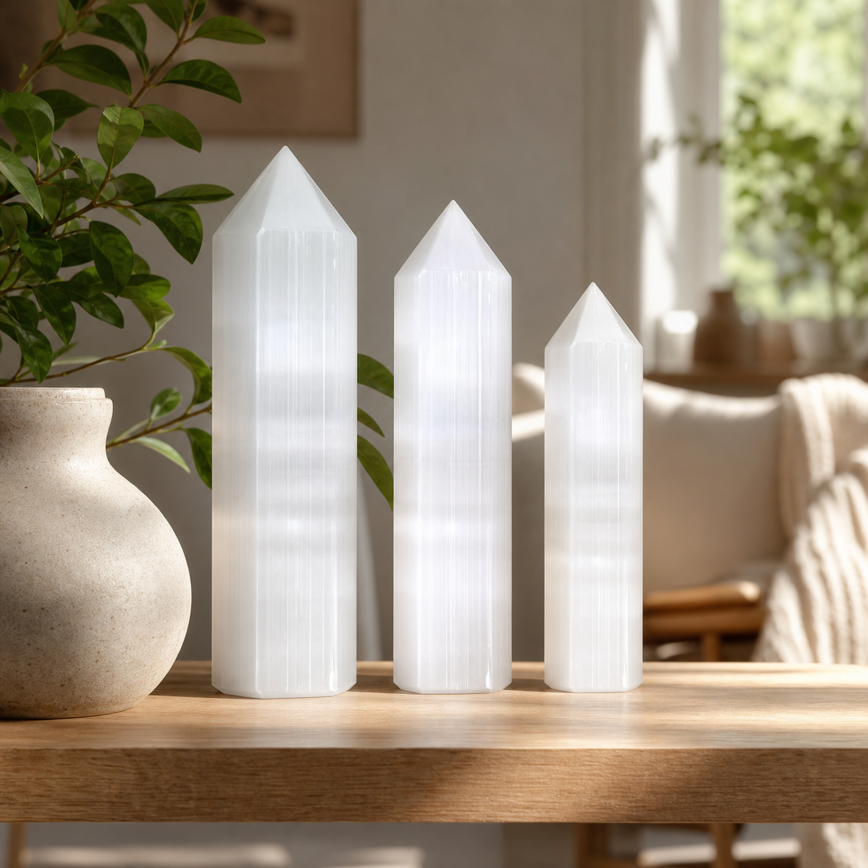 Three white crystal tower decor pieces of different heights arranged on a wooden table in a bright, modern living room setting next to a ceramic vase with green leaves.