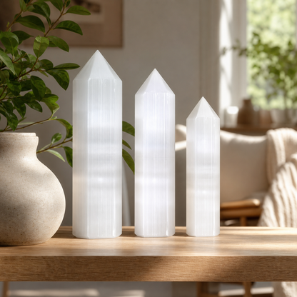 Three white crystal tower decor pieces of different heights arranged on a wooden table in a bright, modern living room setting next to a ceramic vase with green leaves.