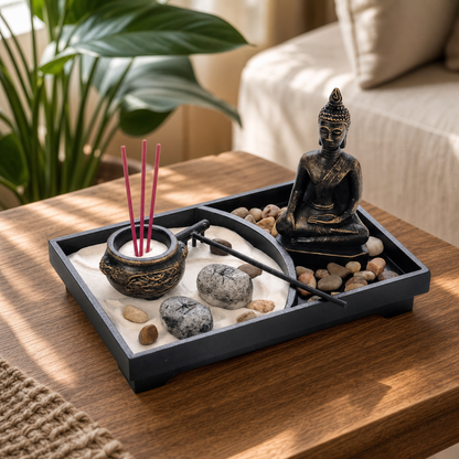 A rectangular black Zen-style tray arranged on a wooden table, containing white sand, smooth stones, a small incense burner with pink incense sticks, a black scissor-like tool, and a seated Buddha statue. A plant and sofa are softly blurred in the background.