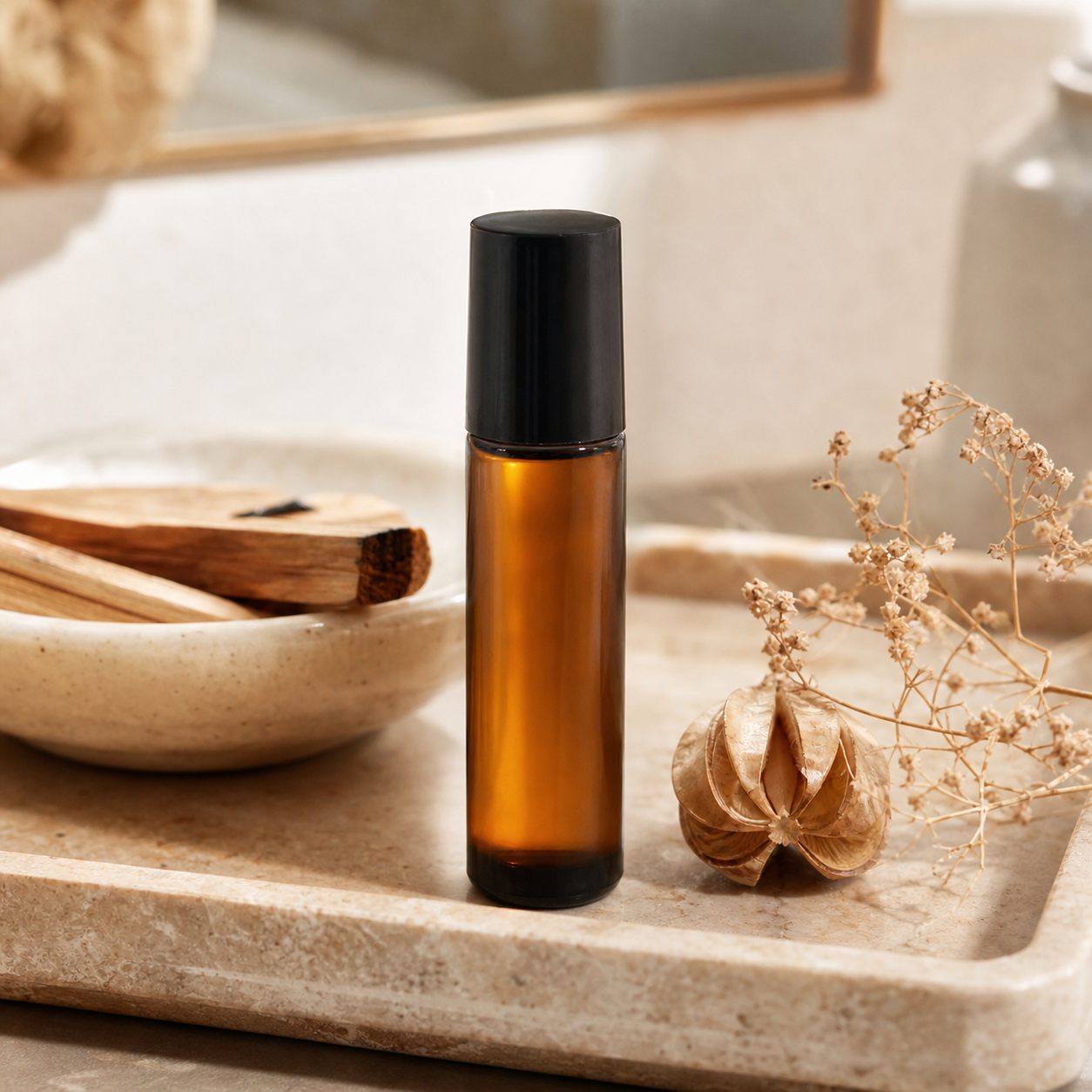 An amber glass roller bottle with a black cap stands on a beige stone tray, styled with dried flowers and wooden spa accessories in a warm bathroom setting.