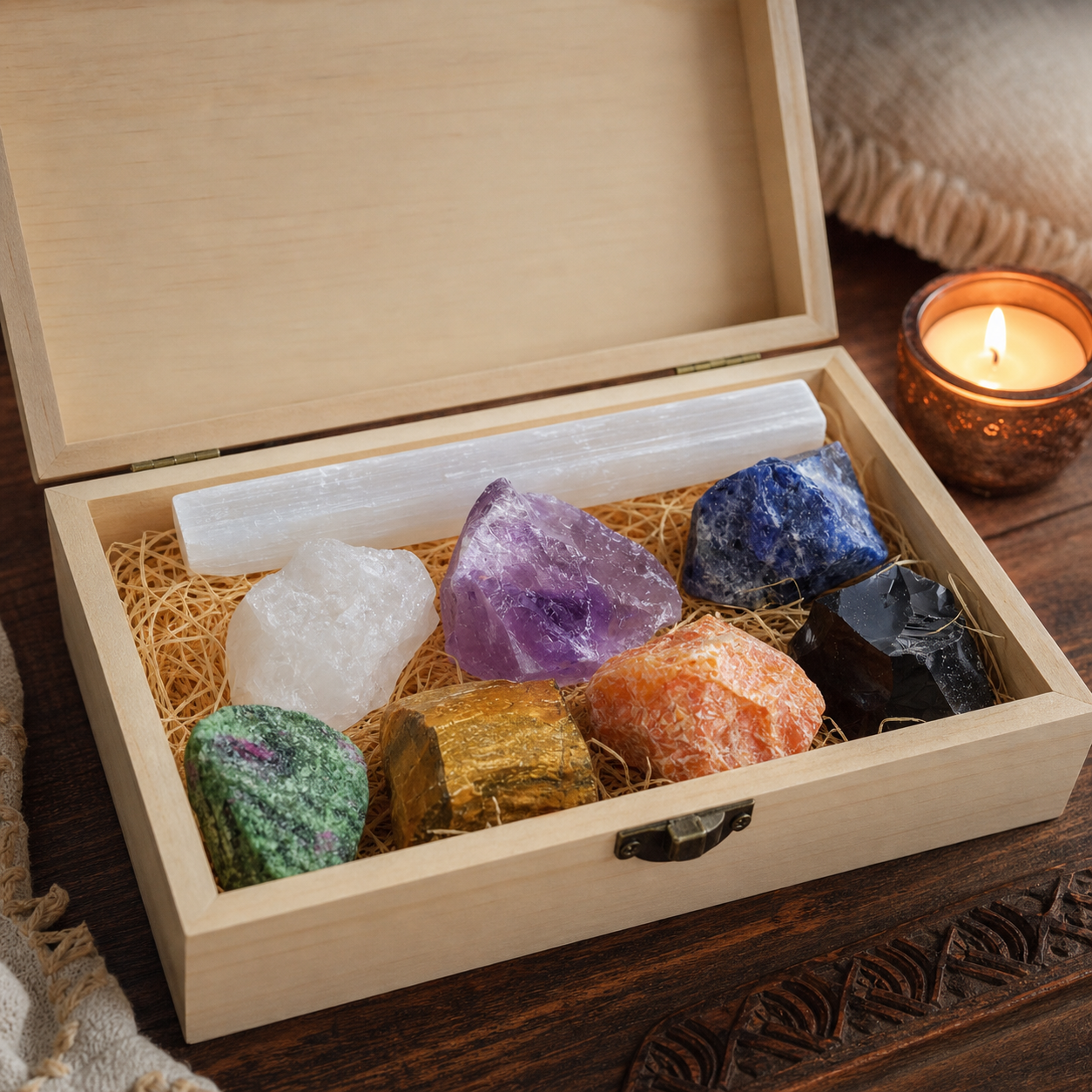 A wooden gift box with its lid open, filled with a set of colorful raw crystals and a white quartz stick, placed on a dark wooden table next to a lit candle.