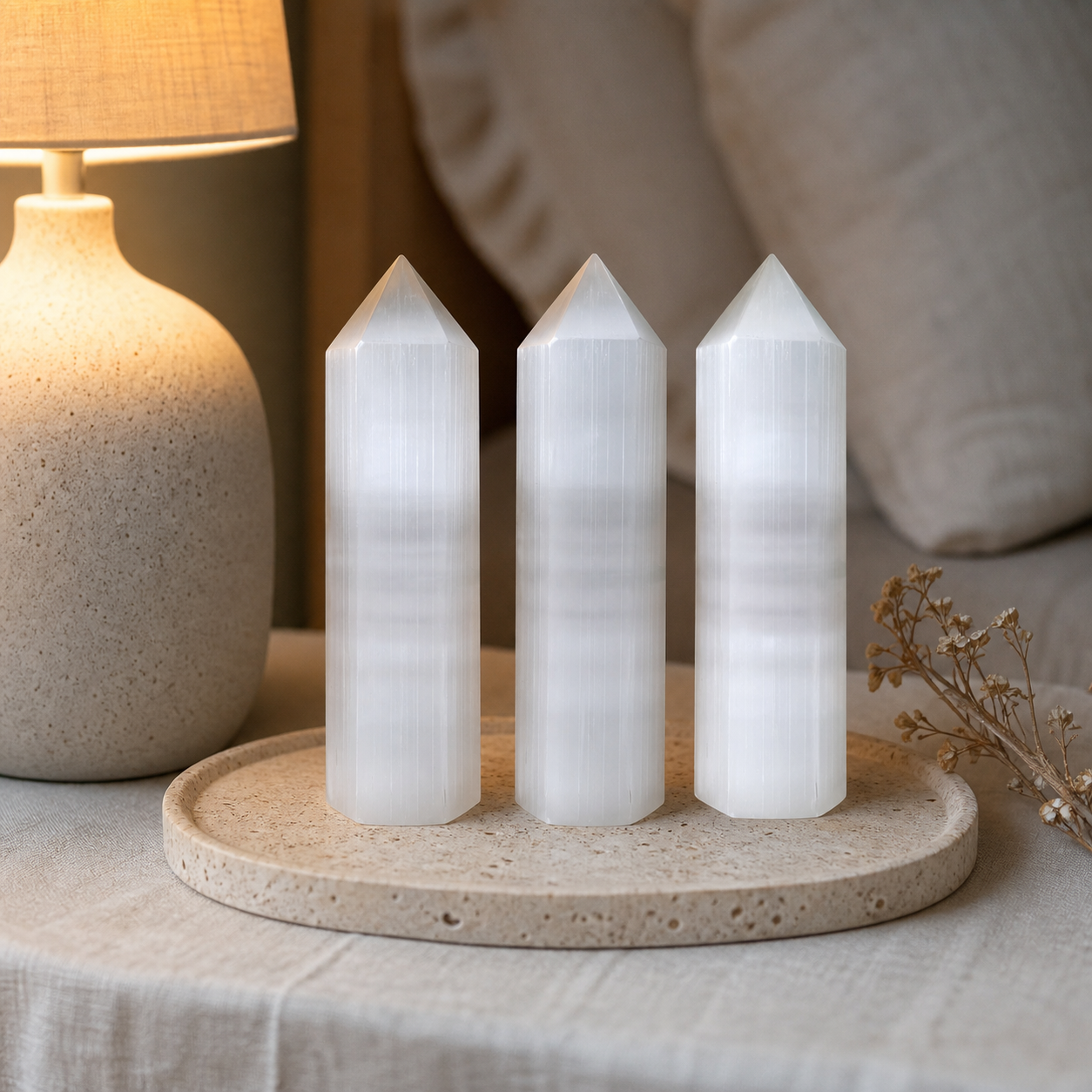 Three tall white crystal towers with pointed tops sit on a round beige stone tray on a table, styled beside a lit lamp and neutral cushions in a warm indoor setting.