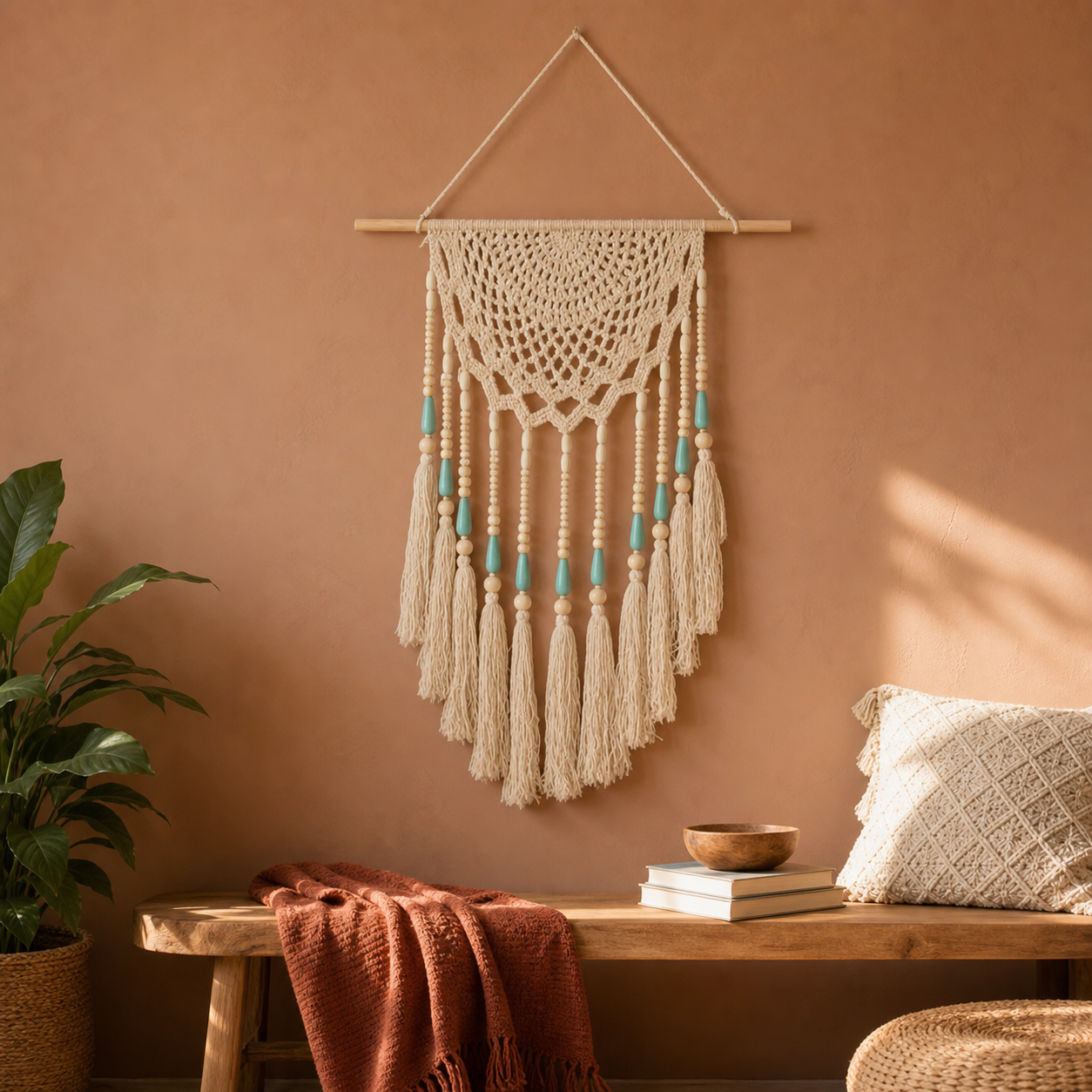 A cream macrame wall hanging with turquoise bead accents and long tassels, suspended from a wooden rod on a terracotta wall above a wooden bench in a styled room.