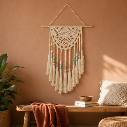 A cream macrame wall hanging with turquoise bead accents and long tassels, suspended from a wooden rod on a terracotta wall above a wooden bench in a styled room.