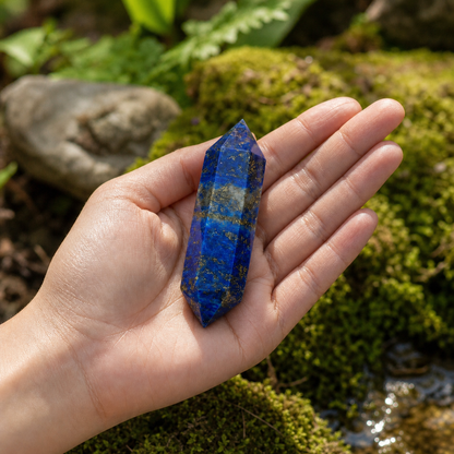 A hand holding a polished blue lapis lazuli crystal point against a natural outdoor background of green moss and rocks.