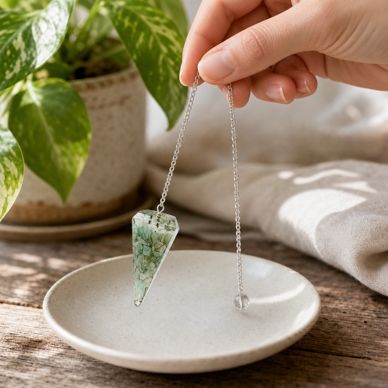A hand holds a silver chain necklace with a pointed green stone pendant over a small light ceramic dish, with a potted plant and draped fabric in the background.