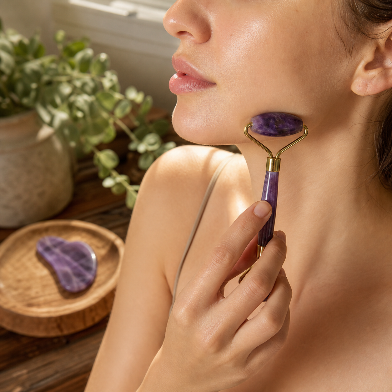 A woman uses a purple crystal facial roller on her jawline in a warm, natural setting with a wooden tray and green plants in the background.