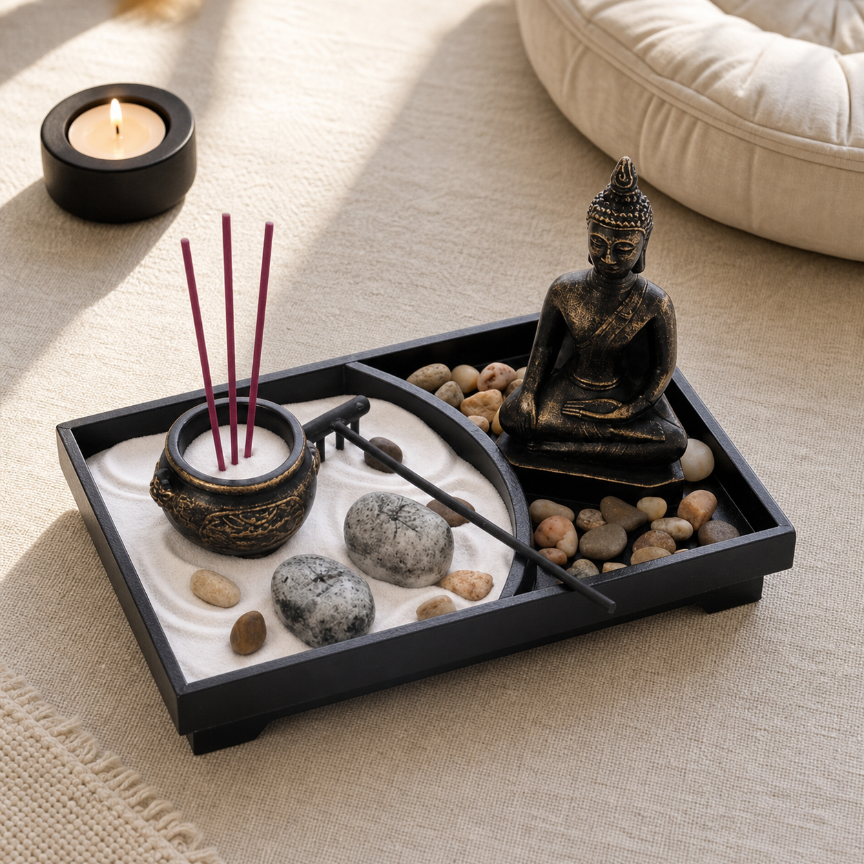 A black rectangular Zen-style tray arranged on a beige fabric surface, containing white sand, small stones, a bronze Buddha statue, a small incense holder with three incense sticks, and a black incense stick holder. A lit candle sits nearby, with a cushion in the background.