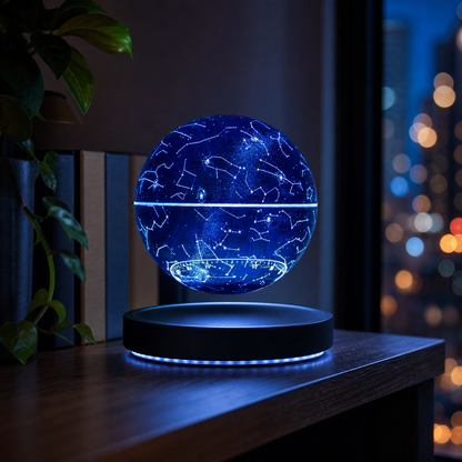 A floating LED night light shaped like a blue celestial globe with white constellation patterns, resting on a round black base on a wooden table with a blurred city window in the background.