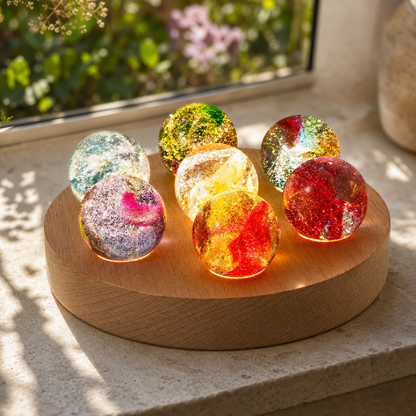 A set of seven colorful, glittery glass marbles in various patterns and colors, displayed on a round wooden stand on a stone windowsill with natural sunlight and a blurred garden background.
