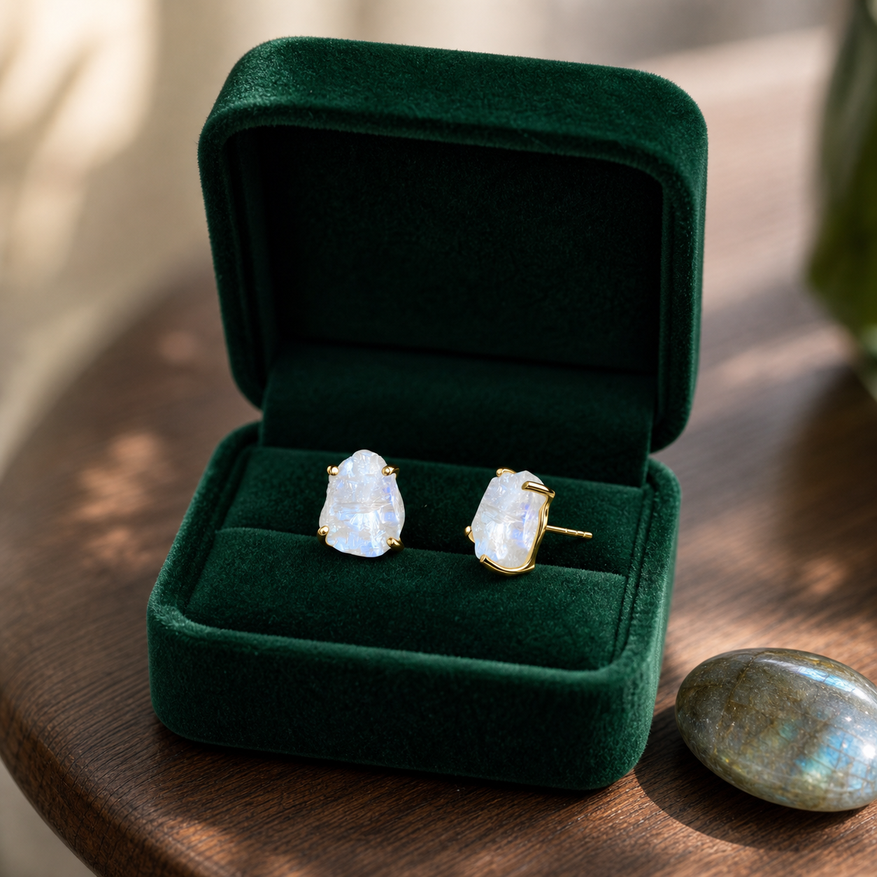 A pair of gold stud earrings with teardrop-shaped milky white stones, presented in an open dark green velvet jewelry box on a wooden table.