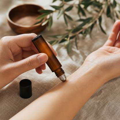 A person applies a clear liquid from an amber glass roller bottle onto their forearm, with the black cap placed beside it on a beige fabric surface. Olive branches and a wooden bowl are softly blurred in the background.