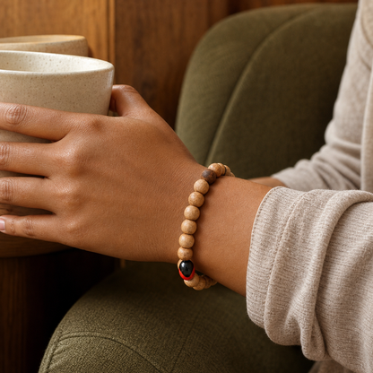 A close-up of a person's wrist wearing a beaded bracelet with light tan wooden beads and a small red and black heart charm, while holding a white ceramic mug in a cozy indoor setting.