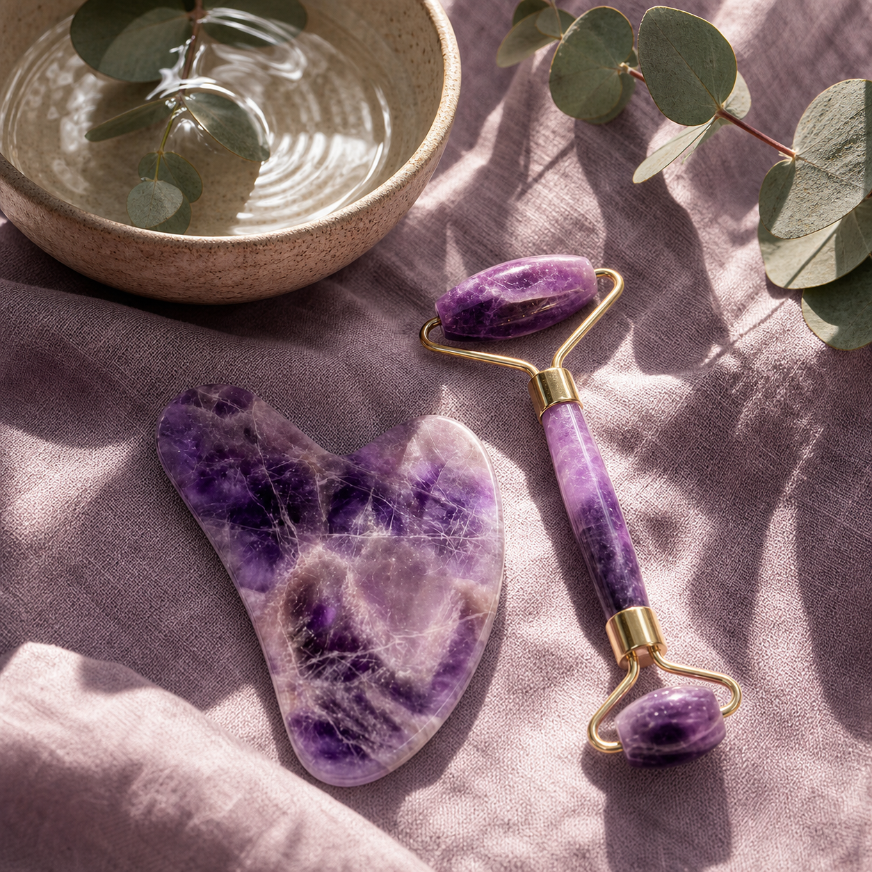 A purple amethyst facial roller and gua sha massage tool set arranged on a dusty pink fabric backdrop with eucalyptus leaves and a small ceramic bowl.