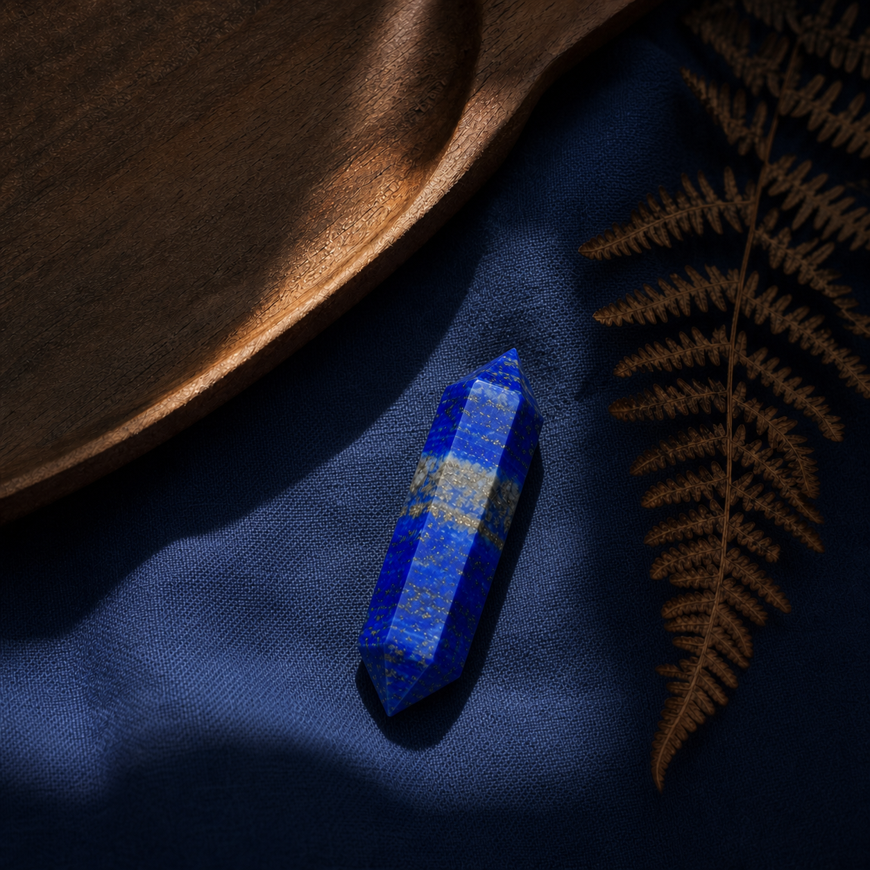 A blue lapis lazuli crystal point with natural white and gold veining, displayed on a dark blue textured fabric next to a dried fern and a wooden tray.