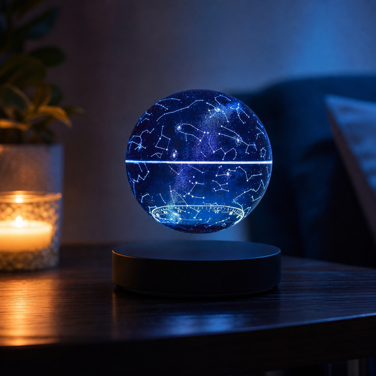 A glowing 3D spherical constellations night light on a black circular base, placed on a dark wooden table in a dimly lit room next to a lit candle.