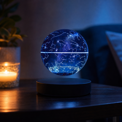 A glowing 3D spherical constellations night light on a black circular base, placed on a dark wooden table in a dimly lit room next to a lit candle.
