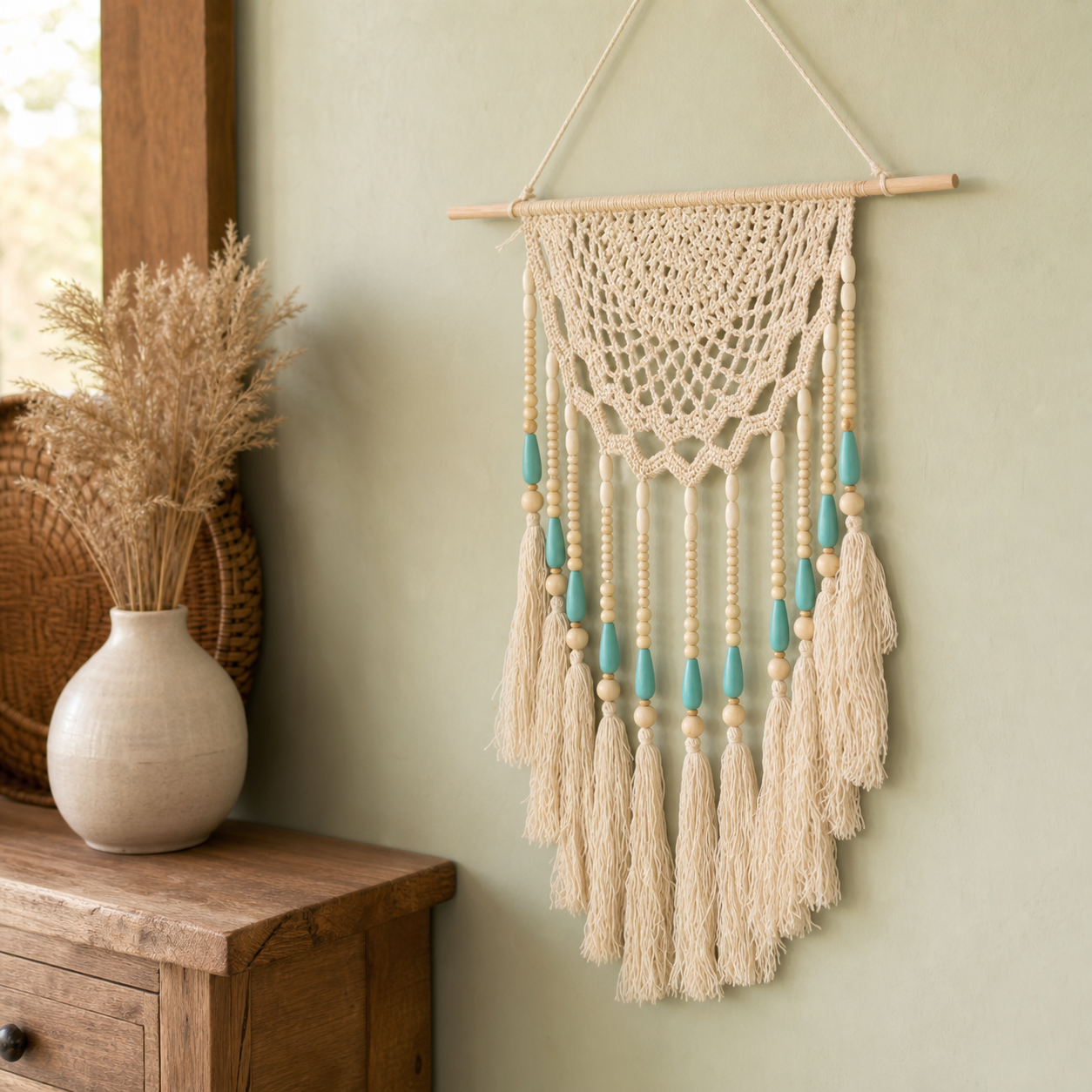 A bohemian-style macrame wall hanging with cream-colored woven cords, turquoise blue bead accents, and long tassels, suspended from a light wood dowel on a sage green wall next to a rustic wooden side table.
