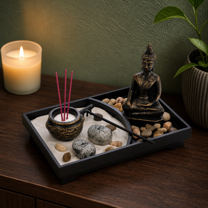 A black rectangular zen-style tray on a wooden table, filled with white sand, small stones, a bronze Buddha statue, a metal incense holder with pink incense sticks, and a black rake. A lit candle glows in the background against a textured olive-green wall, with a potted plant on the right.
