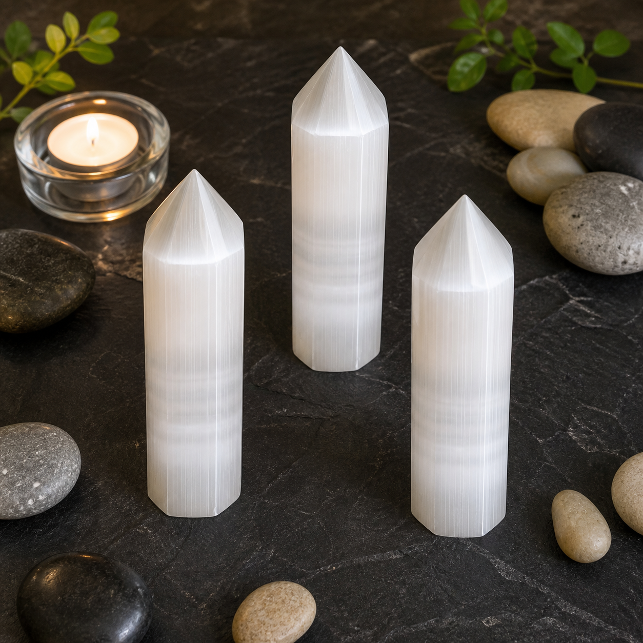 Three white pointed crystal towers arranged on a dark slate surface with smooth stones and a lit candle in a glass holder.