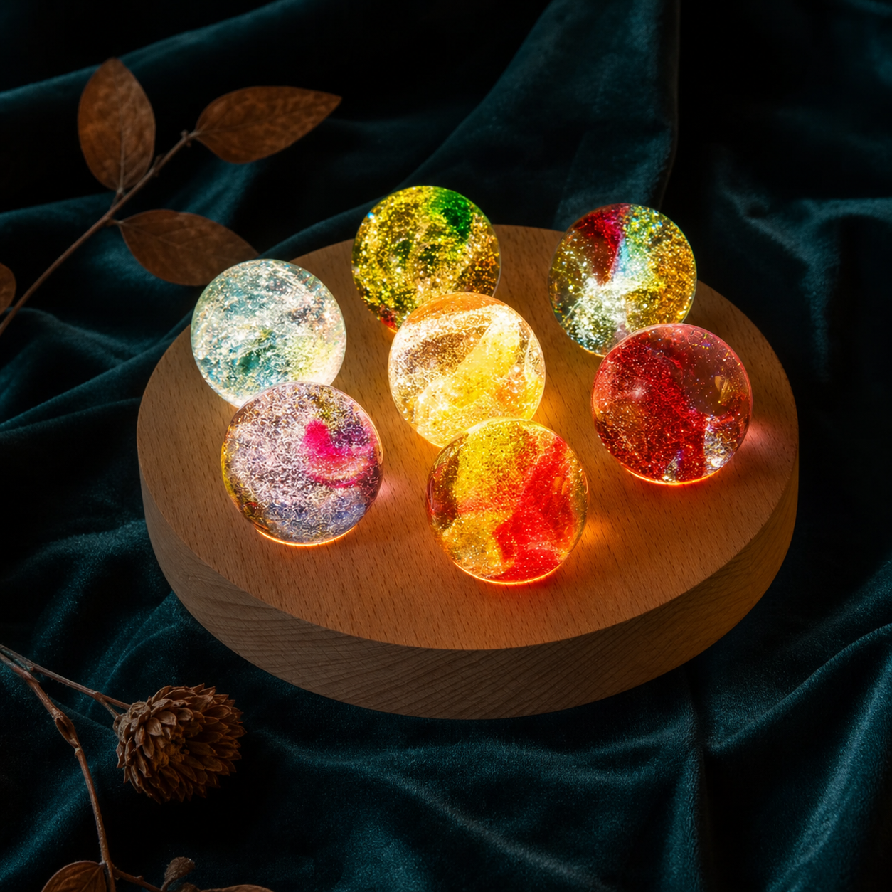 Six glowing resin orb lamps with colorful glitter and suspended elements, arranged on a round wooden display base against dark teal velvet fabric with dried leaves and a pinecone.