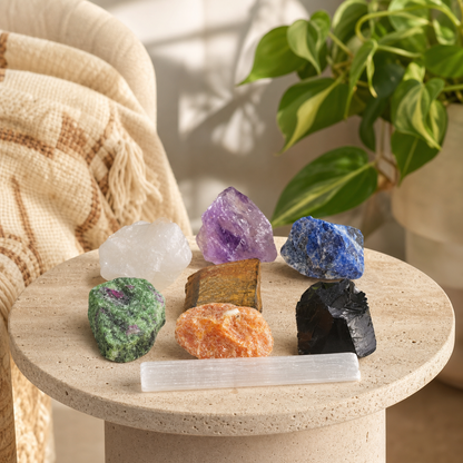 A set of seven raw crystals and a white salt pillar arranged on a round stone side table in a styled home setting with a woven throw blanket and a potted plant in the background.