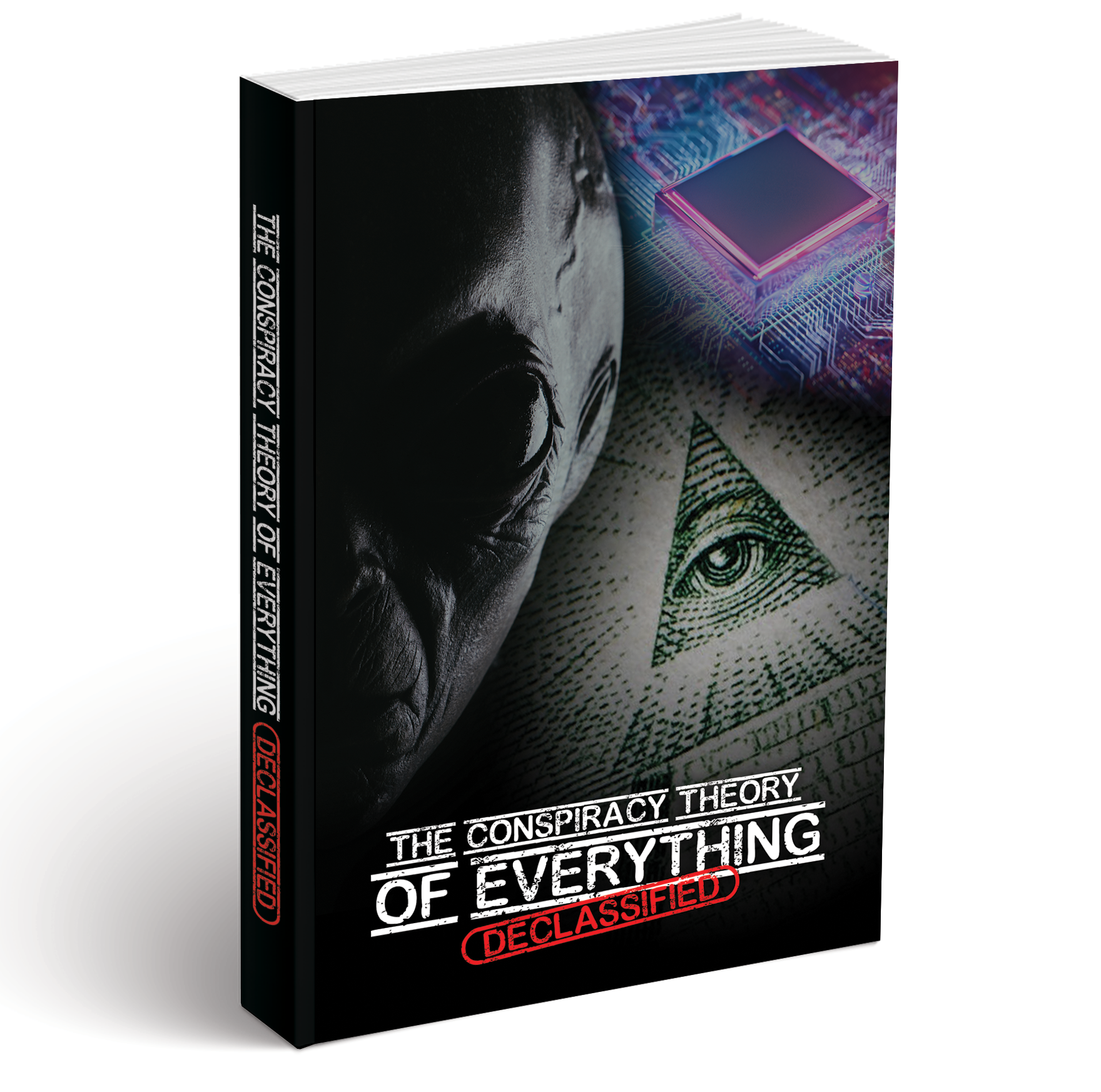 Book titled 'The Conspiracy Theory of Everything Declassified' with a stylized eye design on the cover.
