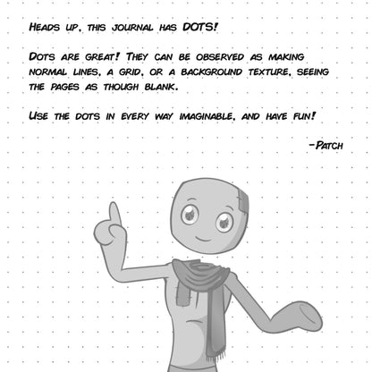 Interior page of the Spirit Science Dotted Journal showing dotted grid paper with a note from Patch about the dot-grid design, illustrated with the Patchman character wearing a scarf.