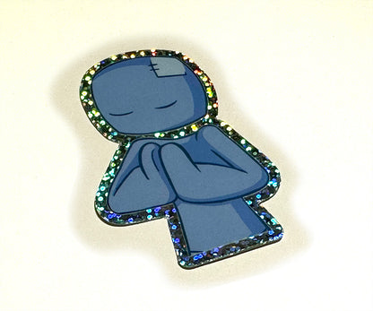 Holographic glitter-edged Patchman sticker showing the blue character with arms crossed.