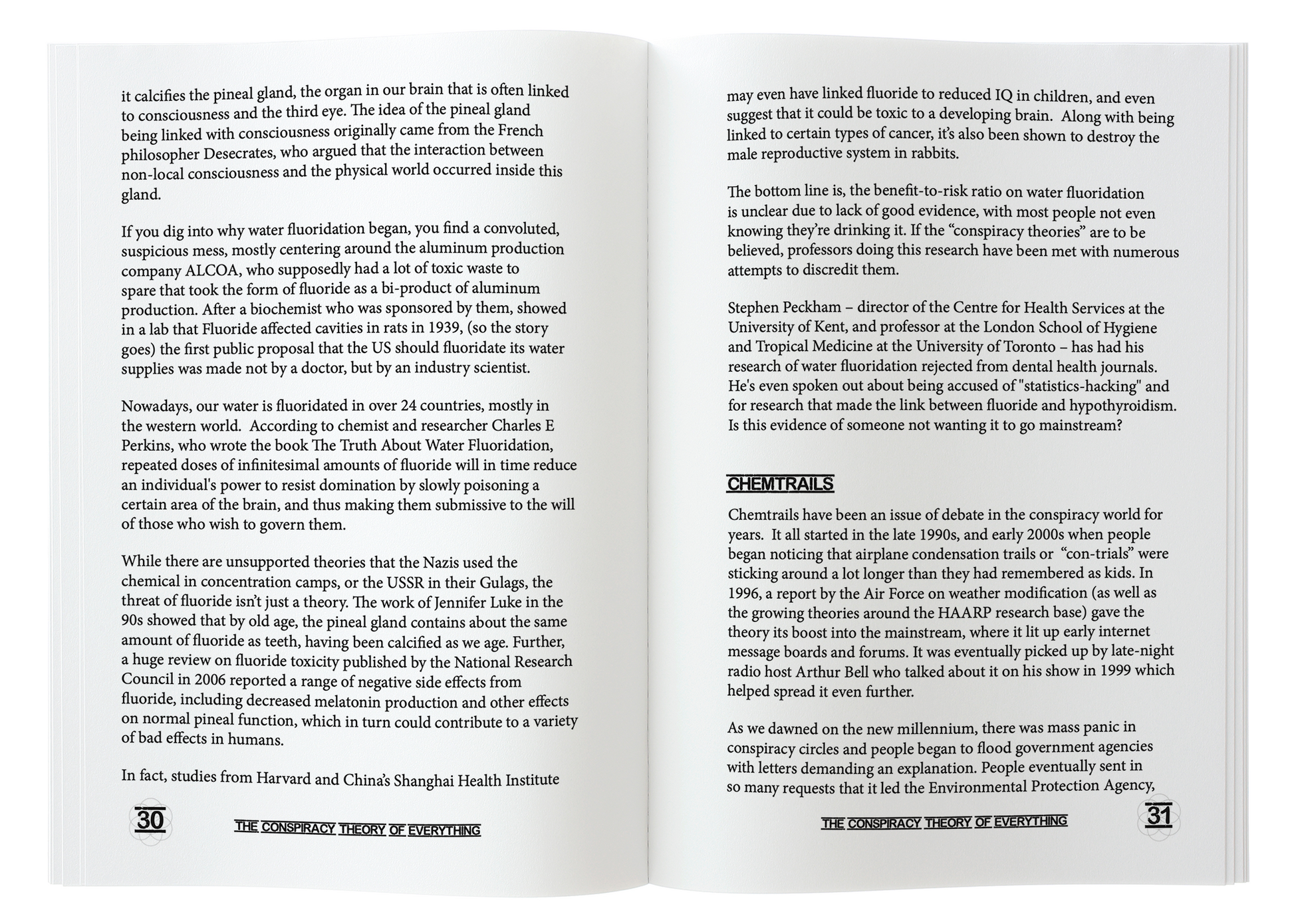 Open book spread from The Conspiracy Theory of Everything showing pages 30 and 31 discussing fluoride and chemtrails.