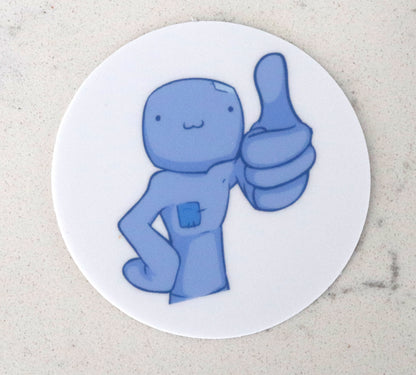 Round sticker showing a minimalist blue Patchman character giving a single thumbs up with hand on hip.