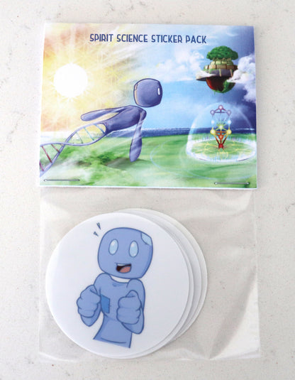 Packaged Spirit Science sticker pack with printed backing card and a stack of round Patchman stickers showing him giving a thumbs up.